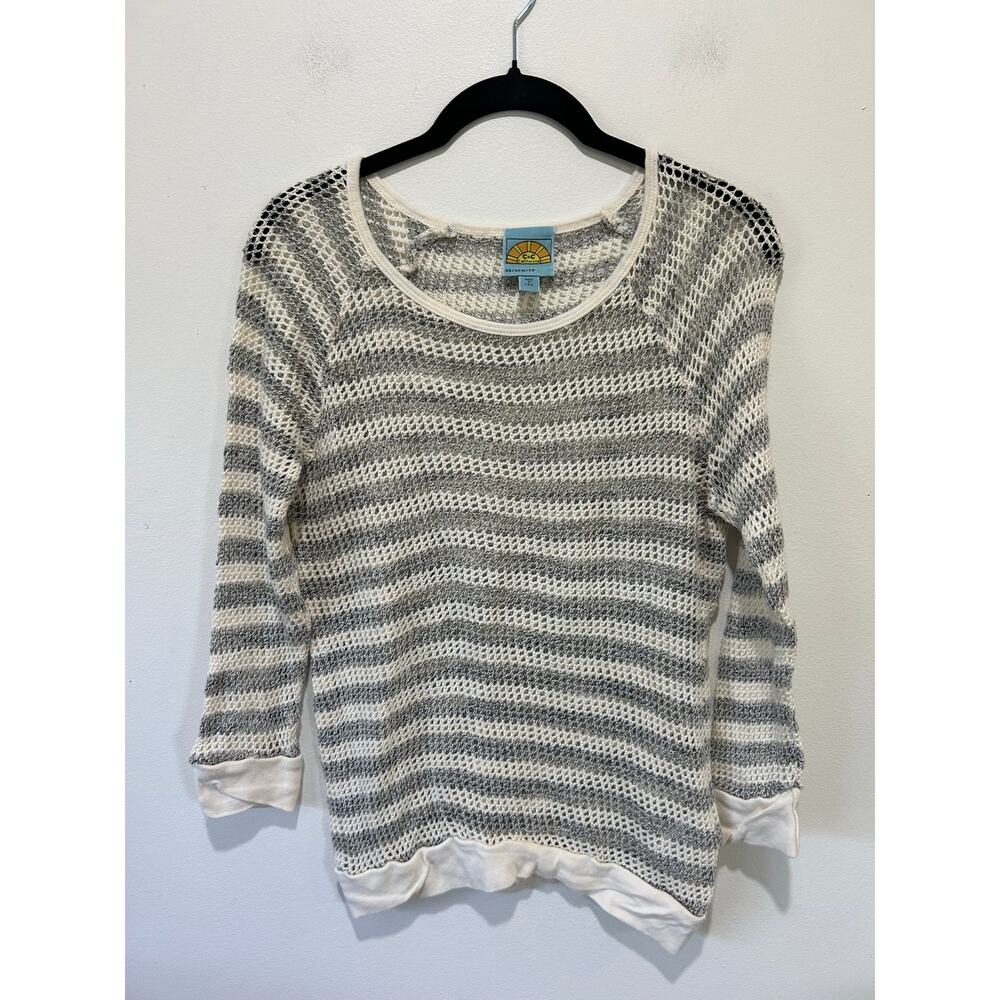 C C California crochet open knit sweater grey white striped size XS boho beach